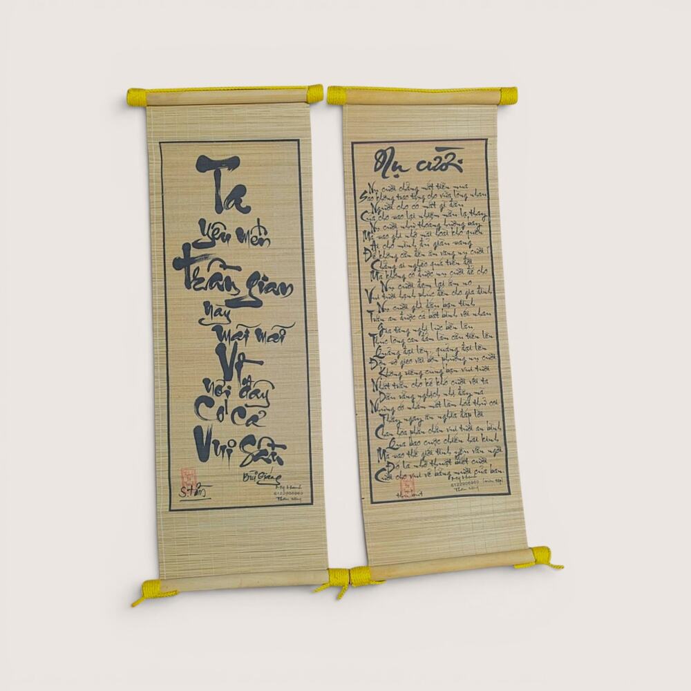 Vintage Vietnamese Bamboo Scroll Set Calligraphy Wall Art